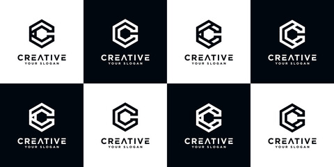 Set of creative abstract monogram letter c and etc logo design with hexagon style template