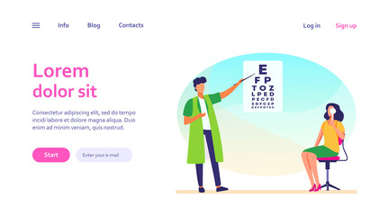 Woman examining eyes with help of ophthalmologist. Oculist, letter, hospital flat vector illustration. Medicine and healthcare concept for banner, website design or landing web page