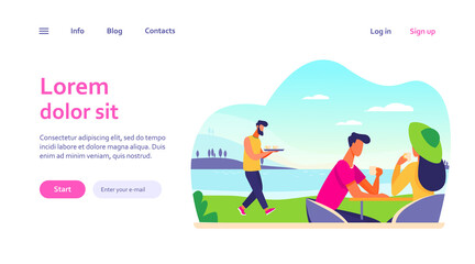 Young couple drinking coffee near lake. Date, sea, cafe, relaxing flat vector illustration. Weekend and nature concept for banner, website design or landing web page