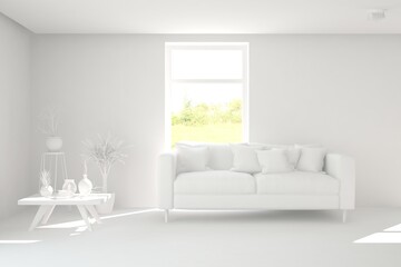 White minimalist living room with sofa. Scandinavian interior design. 3D illustration