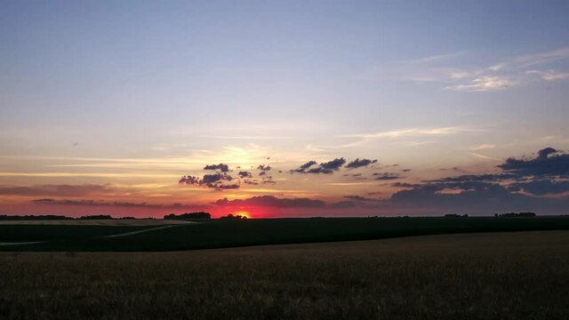 Chateauroux, France, Red Sunset on Agriculture Wheat Timelapse