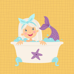 Illustration with a girl in the bath. Mermaid in cartoon style
