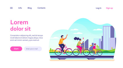 Happy young family riding on bikes at park flat vector illustration. Cycling along road near the water with city on background. Summer activity and healthy lifestyle concept.