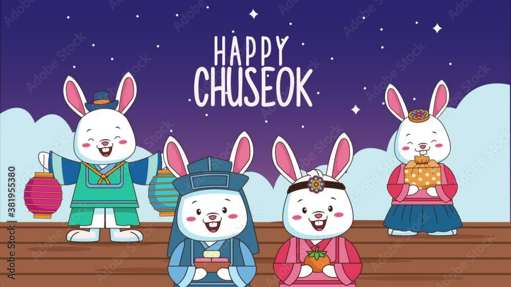 Wall mural happy chuseok lettering with group rabbits