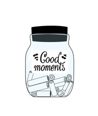 Glass jar with memories notes illustration. Collect moments. Positive thinking and mindfulness. Keeping good memories to support yourself. Good for cards, poster, article, sticker.