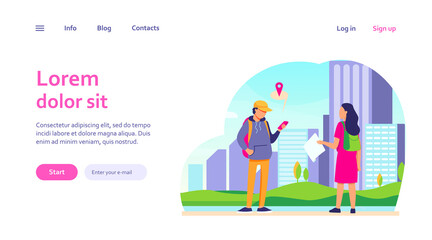 Tourist with paper map asking destination. Man explaining way to woman, using location app on cell flat vector illustration. Navigation, travel concept for banner, website design or landing web page
