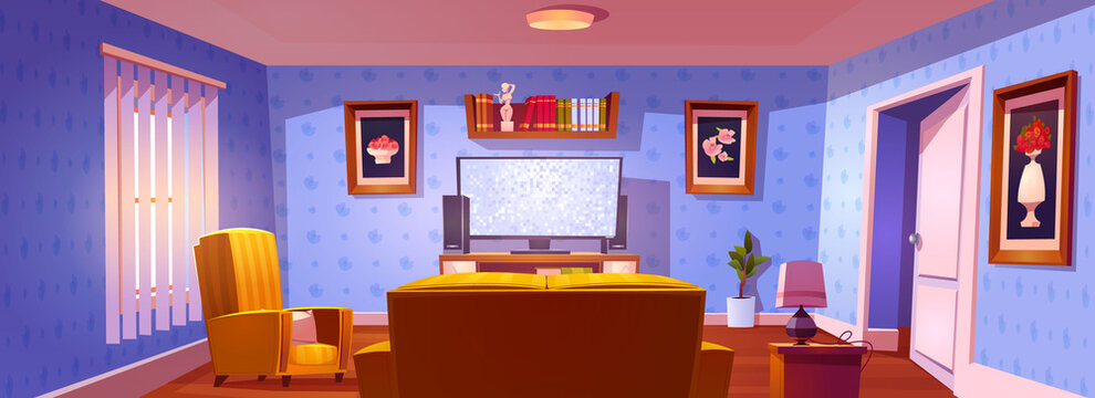 Living room interior with rear view to sofa, chair and glowing tv screen. Vector cartoon illustration of lounge room with yellow couch, plasma television, bookshelves and pictures on wall
