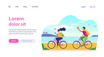 Fototapeta premium Young people cycling and using smartphones. Navigation, bicycle, network flat vector illustration. Travel and communication concept for banner, website design or landing web page