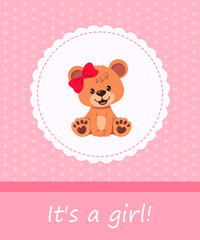 Greeting card It's a girl with teddy bear in frame on pink background