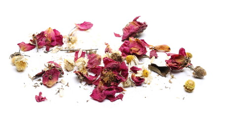 Dry red rose and chamomile petals isolated on white background