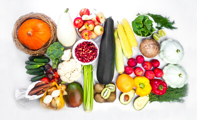 Composition with assortment of organic vegetables and fruit