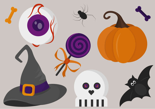 Halloween set of cute elements, objects and icons for your design in a cartoon style, isolated on a white background. Vector, flat.