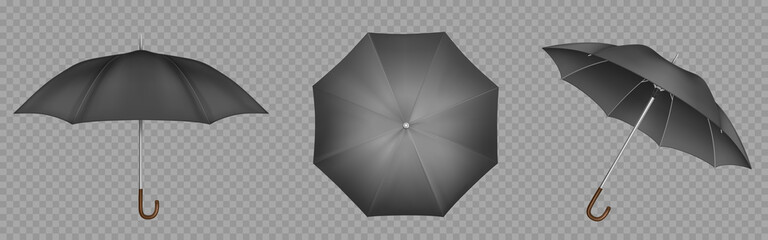 Black umbrella, parasol top, side and front view. Waterproof accessories for rainy autumn weather, design element isolated on transparent background. Realistic 3d vector illustration, icons set © klyaksun