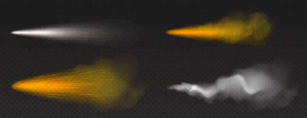 Dust spray, gold and white smoke, powder or water drops trail with particles. Flow mist, smoky stream, aroma or toxic clouds, steaming chemincal vapour, realistic 3d vector isolated haze mockup set