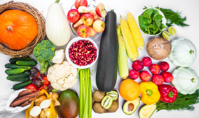 Composition with assortment of organic vegetables and fruit