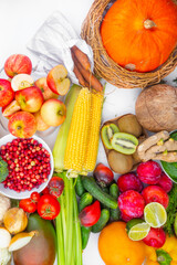Composition with assortment of organic vegetables and fruit