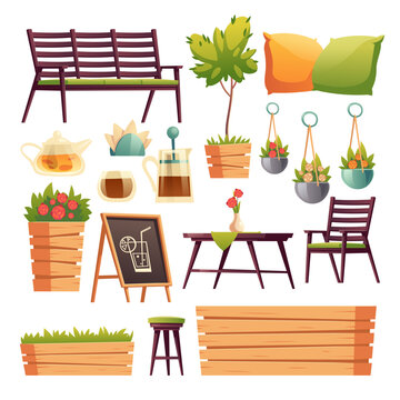 Cafe or restaurant terrace with wooden bar counter, seats, flowers and plants. Vector cartoon set of furniture for outdoor cafeteria, chair, bench, table, tea pot and cup isolated on white background