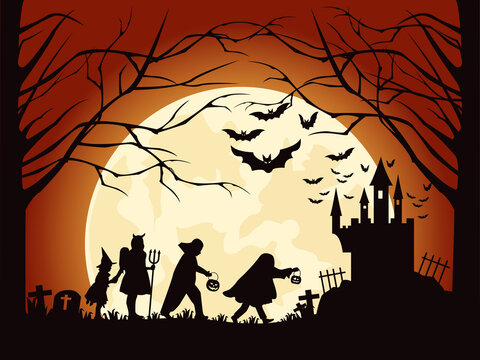 Halloween silhouette Children trick or treat  full moon2