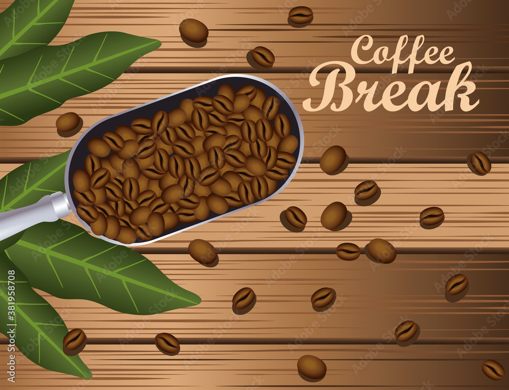 Canvas Prints coffee break poster with spoon and grains in wooden background