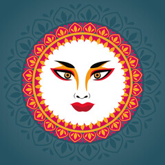 happy navratri celebration with goddess amba face in mandala