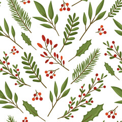 Seamless Christmas pattern with winter plants and berries. Design for Holidays decoration, wrapping paper, print, fabric or textile. Vector illustration.