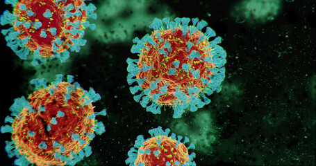 Fototapeta na wymiar Microscopic COVID-19 Coronavirus Molecules Close Up - nCOV Influenza Virus Pathogen Under Macro Medical Lab Microscope - Red and Yellow Body with Blue Spikes - Testing, Threat Concept - 3D Rendering