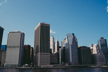 Modern skyscrapers near river in New York City