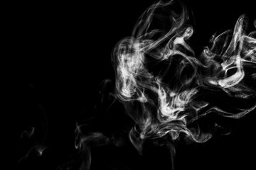 White natural steam smoke effect on solid black background with abstract blur motion wave swirl use for overlay in vapor cigarette, hot boil food and water 