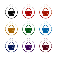 Woman heart bag icon, color set