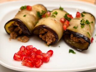 Georgian eggplant rolls with walnuts and pomegranate