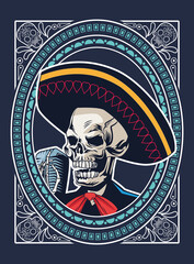 dia de los muertos poster with mariachi skull singing with microphone square frame
