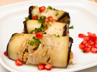 Georgian eggplant rolls with walnuts and pomegranate