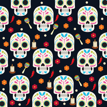 dia de los muertos celebration poster with skulls heads and flowers group pattern