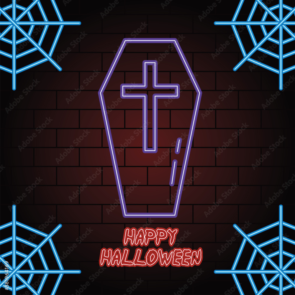 Sticker happy halloween neon light of coffin