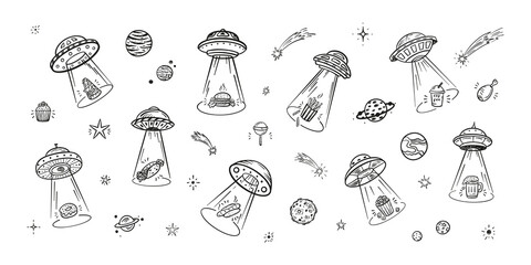 UFO Abducts Fast Food - Space Vector Set. Unhealthy Street Food Taken Away by ufo. Flying Saucer Kidnaps Appetizer.