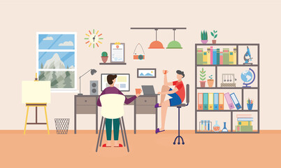 Two teenagers sitting in study room and studying, flat vector illustration.