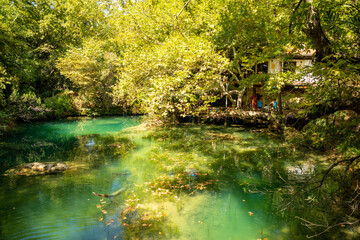 Public park of Kursunlu waterfall near Antalya city in Turkey, nature travel background, autumn time