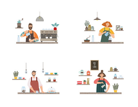 Baristas making coffee at bar counter a set of vector isolated illustrations