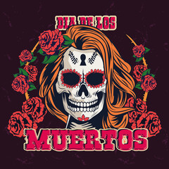 dia de los muertos celebration with woman skull and roses wreath