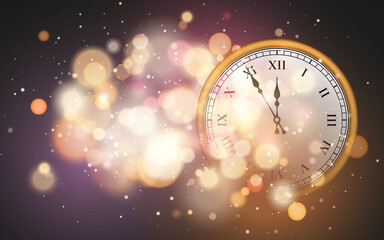 Obraz na płótnie Canvas New Year poster with old circle clock and bright bokeh effect. Festive magic luminous background. Holiday design for Christmas. Vector illustration