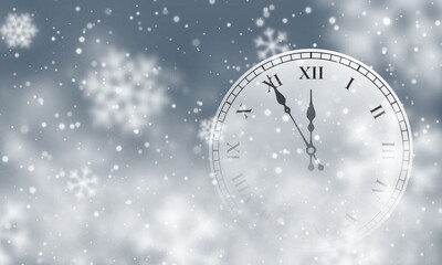Obraz na płótnie Canvas New Year poster with clock and Christmas snow. Falling snowflakes on dark background. Snowfall. Vector illustration