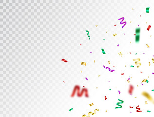 Celebration banner. Color confetti splash. Christmas party backdrop. Bright colorful festive tinsel. Holiday design elements for web, poster, invitation. Vector illustration