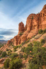 Fototapeta na wymiar A formation of huge red sandstone rocks and juniper trees outside the city of Sedona, Arizona