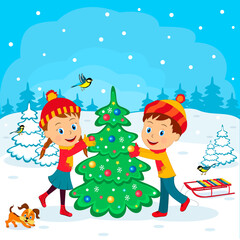 kids,boy and girl decorate Christmas tree on the winter dackground, illustration,vector