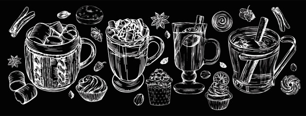 Vector graphics. Illustrations in the style of linear drawing. Black and white graphics. Croissants, various pastries, cakes, coffee donuts and mulled wine. Images for menus and banners.