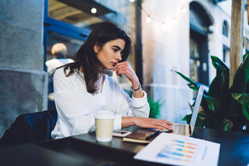 Fototapeta premium Focused woman browsing laptop in cafe