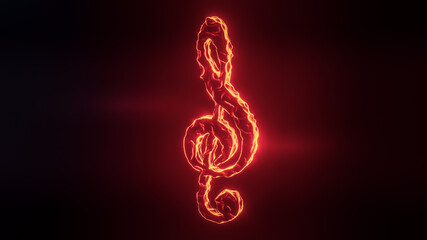 Close up of red shining Violin Key on black background. Melted with heat and fire. Music Theme. 3D rendering.