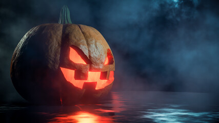 Fantasy scene of a pumpkin on the imperfect ground with reflection. Foggy night. Halloween scene. 3D rendering.