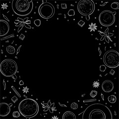 Hand drawn with chalk on a black board frame set of coffee mug and spices, cinnamon sticks, cloves, star anise, sugar, pepper, vanilla, ginger. Vector illustration.