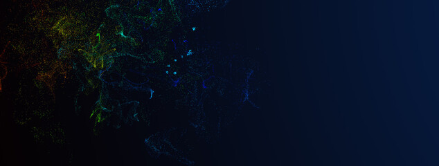 Abstract colourful particles explosion on blue background.